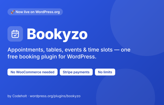 Bookyzo free WordPress booking plugin for appointments, tables, events and time slots